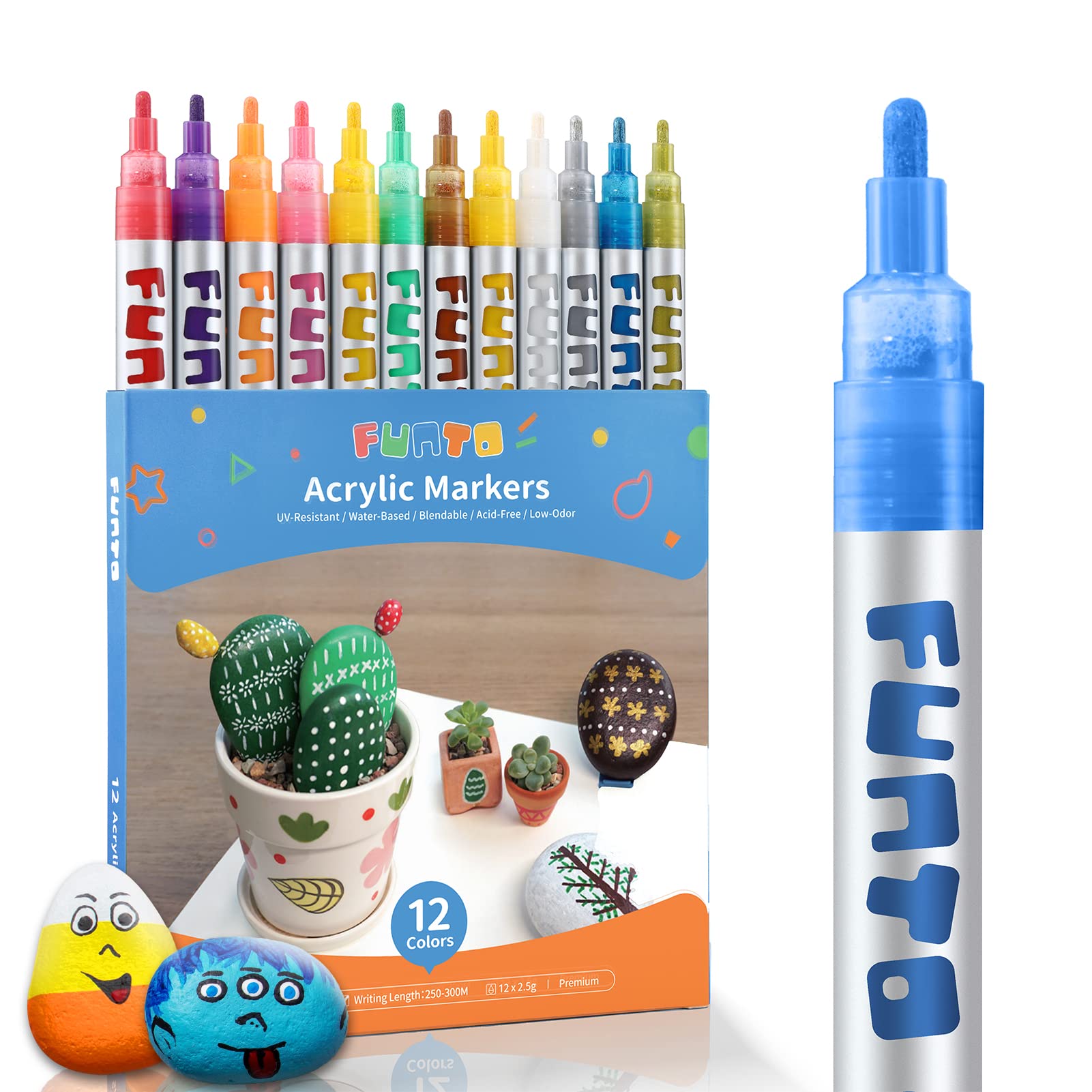 FuntoAcrylic Paint Pens for Rock Painting, Fabric, Wood, Canvas, Metal, Ceramic, Glass, Scrapbooking Craft,12 Colors Paint Marker Set, Medium Tip, Non-Toxic, Quick Drying