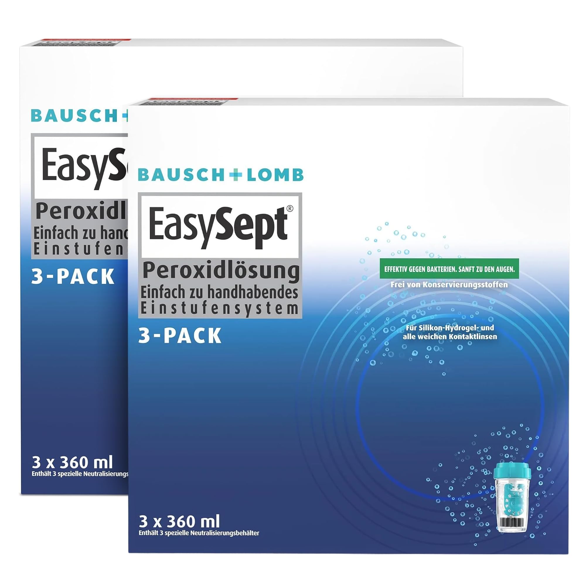 Bausch + Lomb, EasySept Peroxidlösung Einstufensytem, konservierungstofffrei, 6 x 360ml,mit Behälter für weiche Kontaktlinsen