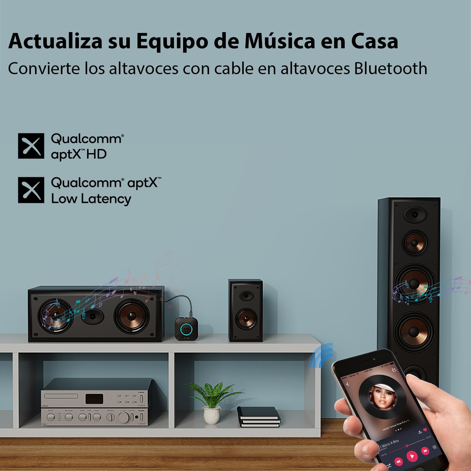 1Mii B06S Receptor Bluetooth 5.3 HiFi, Adaptador Audio Bluetooth con aptX HD/Baja Latencia, Control de Volumen, Salida RCA/AUX 3.5mm Jack para Estéreo, Amplificador, Coche, Altavoz, Largo Alcance 35m