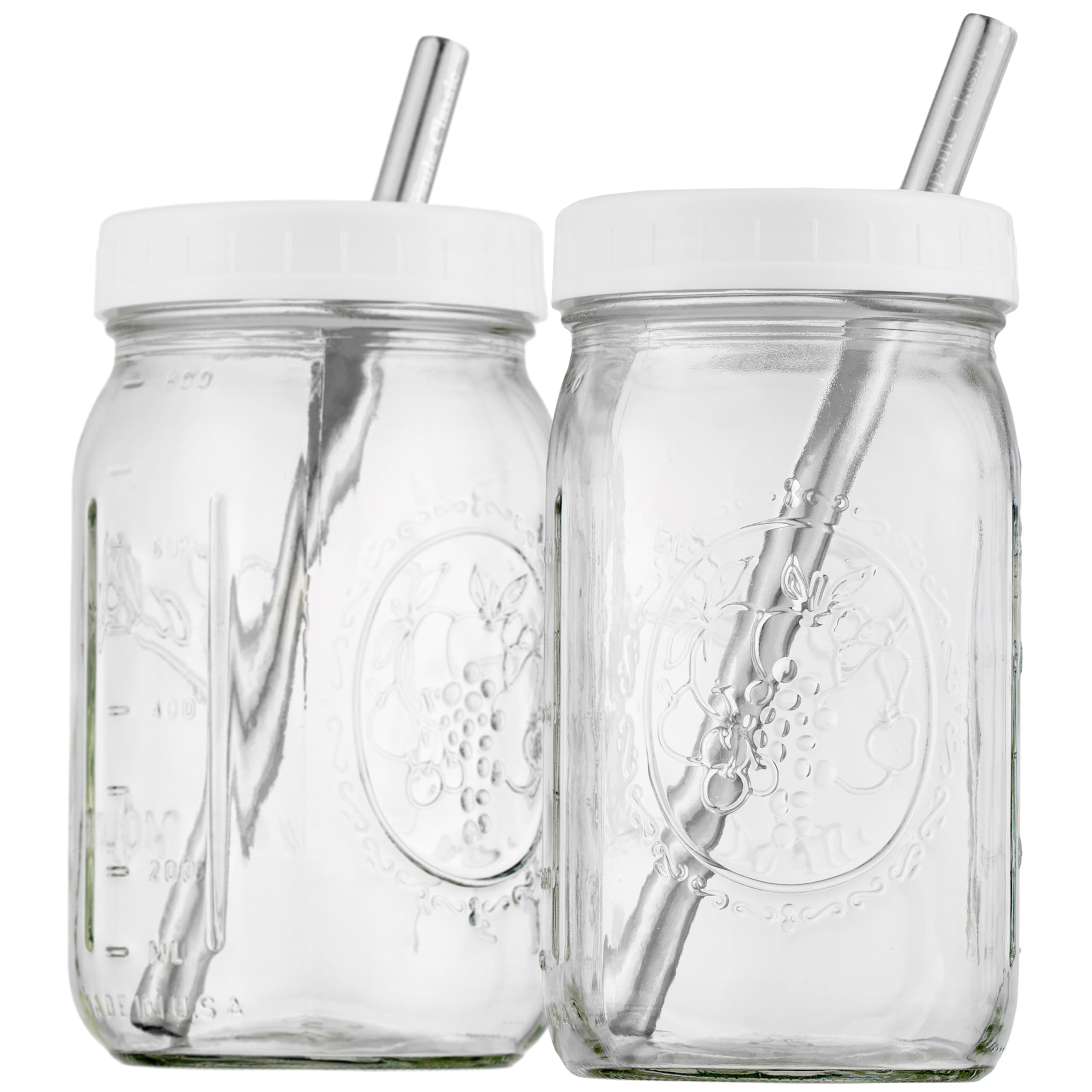 Capsule Classic Reusable Wide Mouth Smoothie Boba Tea Cups Bubble Tea Cups with Lids and Silver Straws Mason Jars Glass Cups (2-pack, 32 oz mason jars