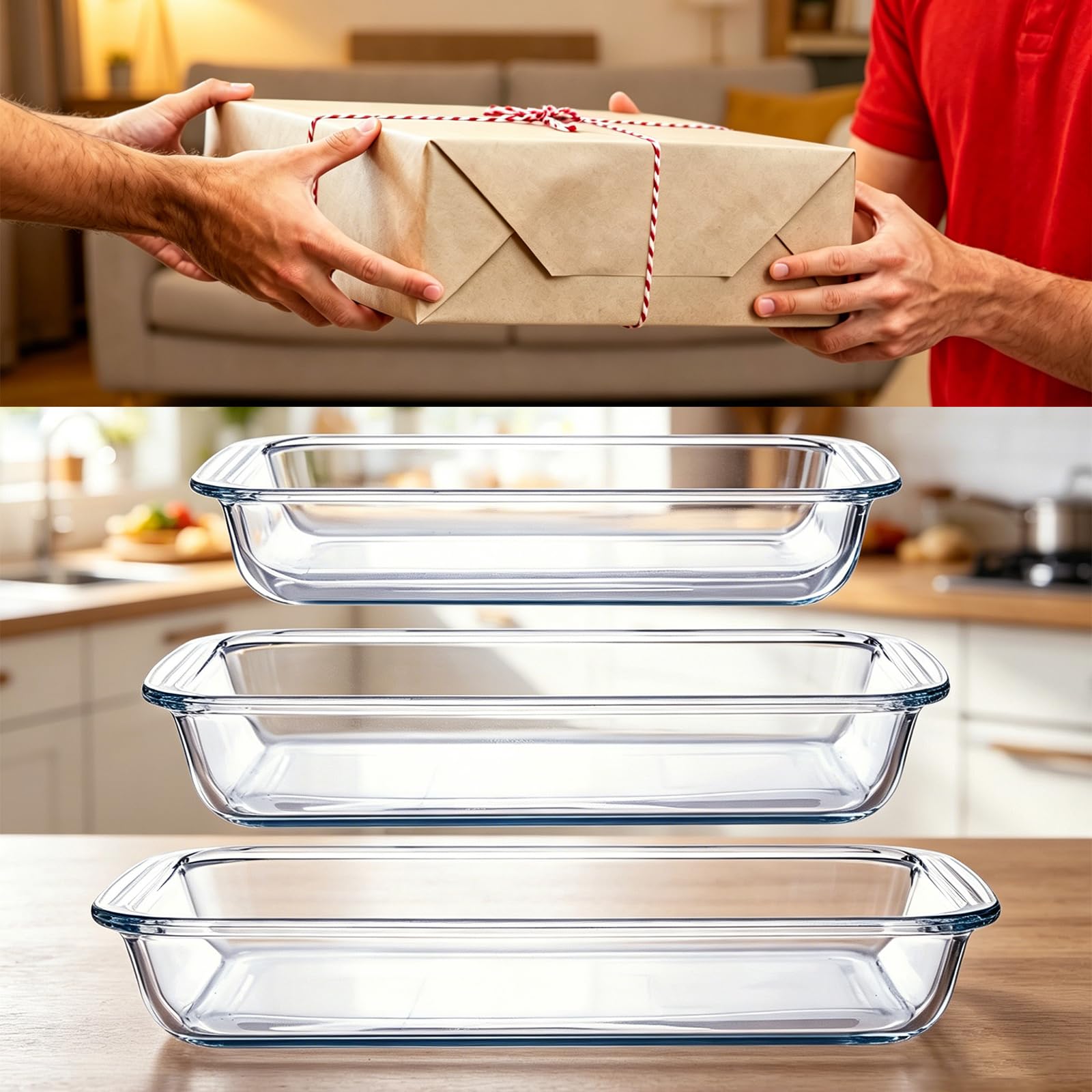 Lot de 3 Plaques de Cuisson Rectangulaires en Verre Borosilicate de 2,3 Litres + 1,6 Litre + 1 Litre pour Micro-ondes et Four, Adaptées pour la Cuisine, la Cuisson du Pain, des Gâteaux et des Repas