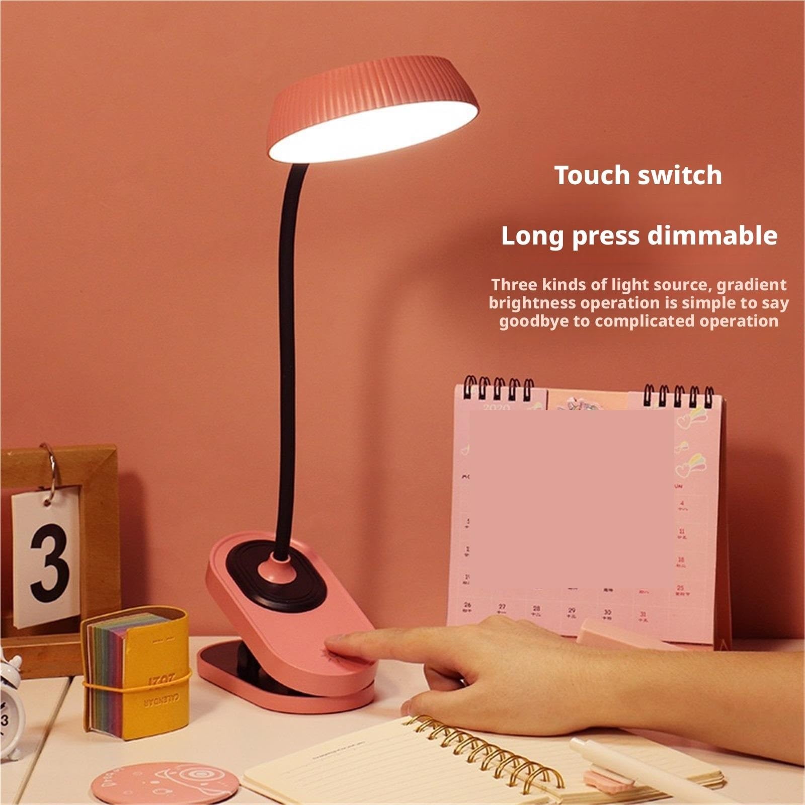 Lampara Escritorio para Oficina Lámpara De Escritorio con Clip USB, Luz Que Cuida La Vista For El Hogar Y Oficina, Control Táctil Moderno Flexo Escritorio(Pink)