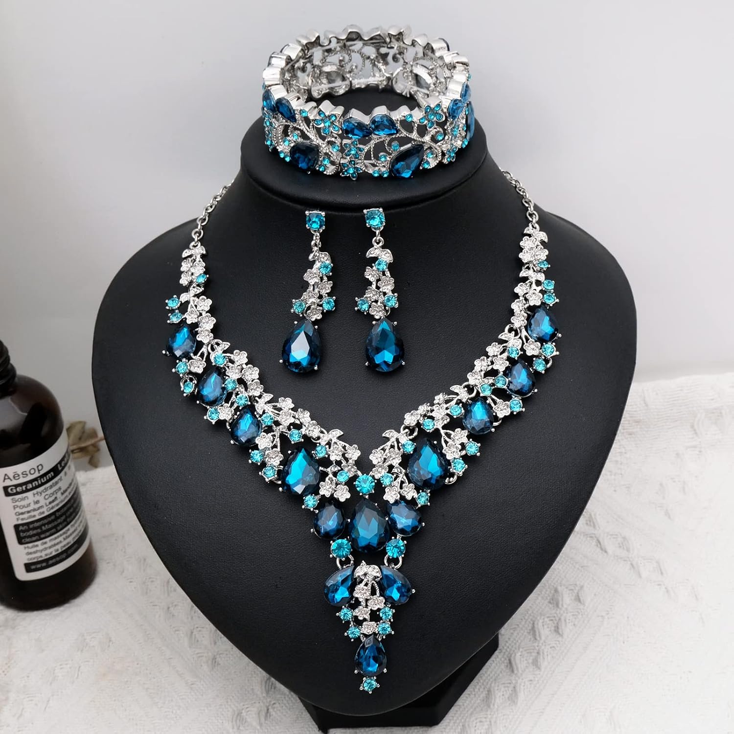 CSY Elegant Crystal Costume Jewelry Sets Flower Bridal Necklace Earrings Stretch Bangle Set for Bride Bridesmaid Wedding Dress Accessories - Image 3