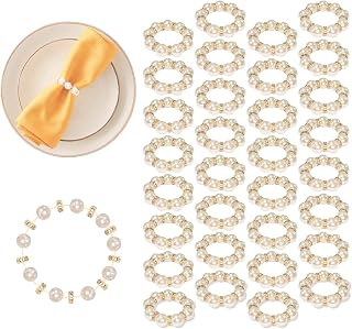 Eunika 100Pcs Wedding Gold Disposable Napkin Rings Imitation Pearl Ring Napkin Holder Delicate Elastic Stretched Beaded Serviette Buckles for Party Table Decor Banquet Housewarming Birthday Supplies