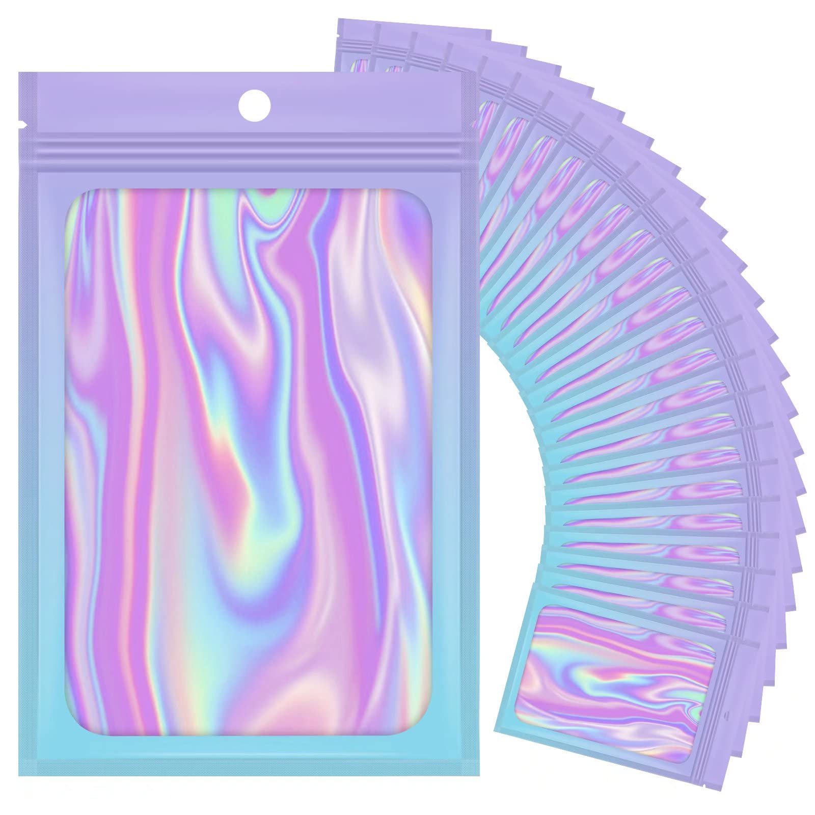 100 Pieces Resealable Holographic Gradient Bags, Smell Proof Mylar Ziplock Bags Packaging Pouch With Clear Window For Food Storage Party Favor Small Business (Pink&Light Blue, 4.1x5.9 Inch)