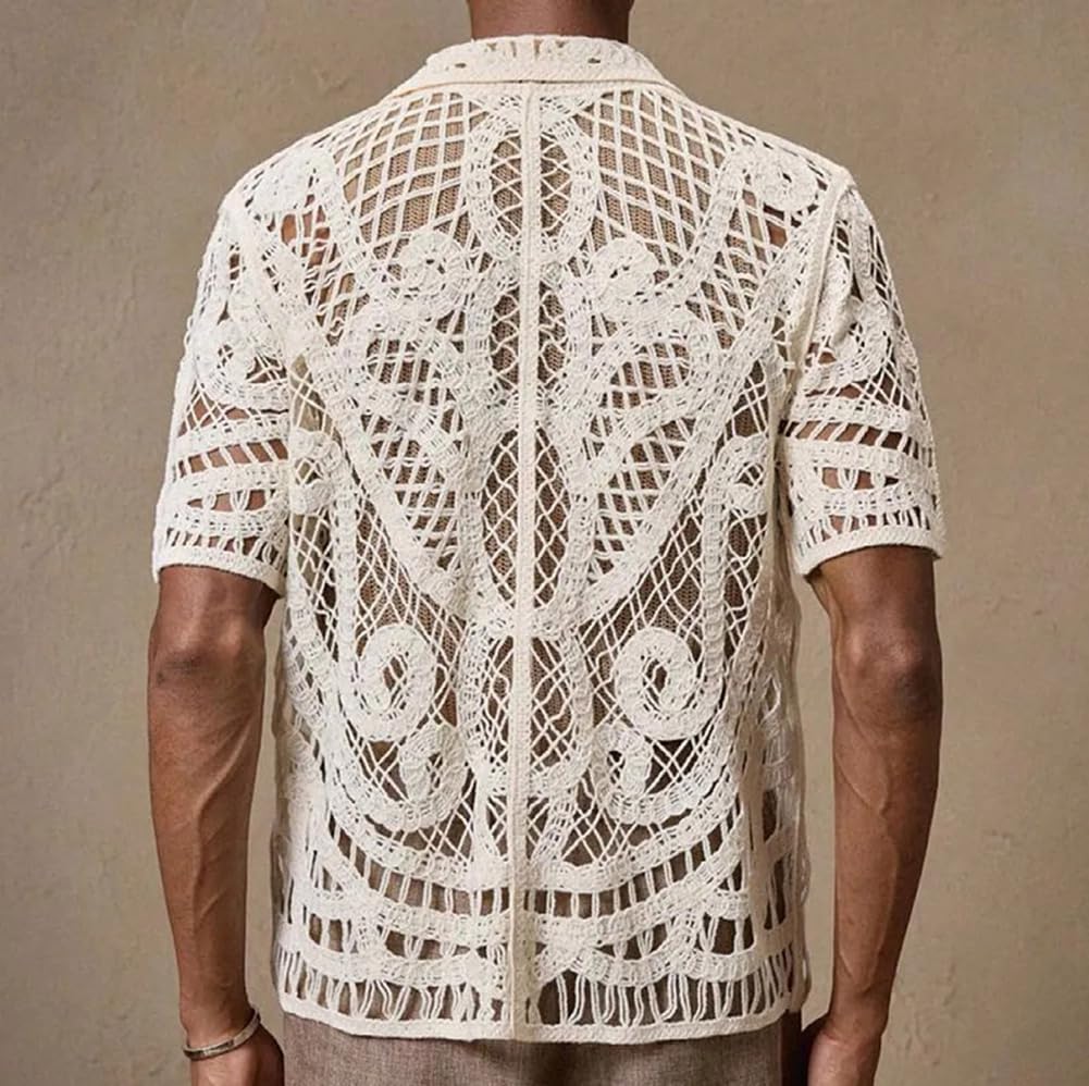 Herren Button-Down-Hemd Kurzarm Häkeln Aushöhlen Stricken Sommer durchsichtige Urlaub Strandhemden
