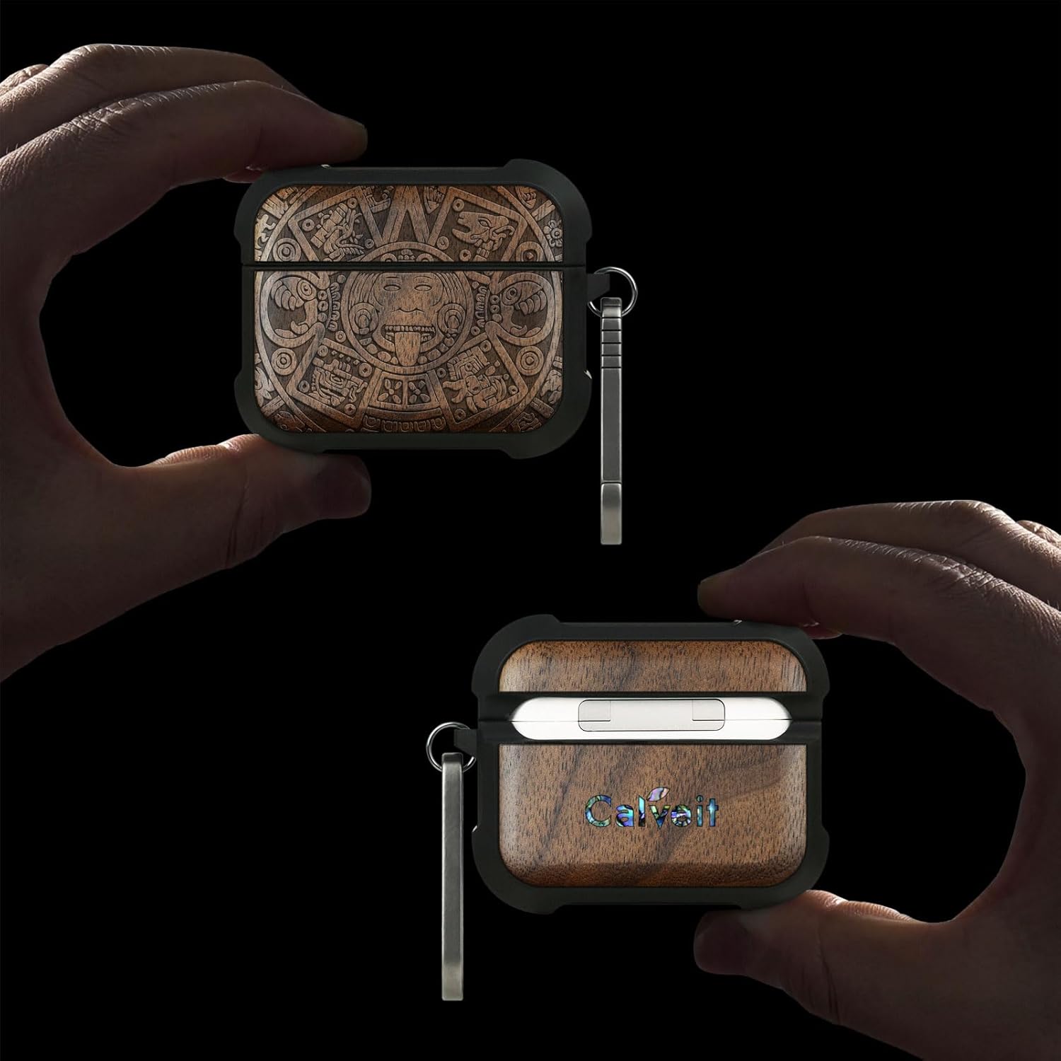 Carveit Wooden Case for AirPods Pro 3 Case (2025), Wood Artisan Engraved & TPU Shockproof Cover, Titanium Quick Released Clasp, Wireless Chargers Compatible (The Maya Calendar) Walnut