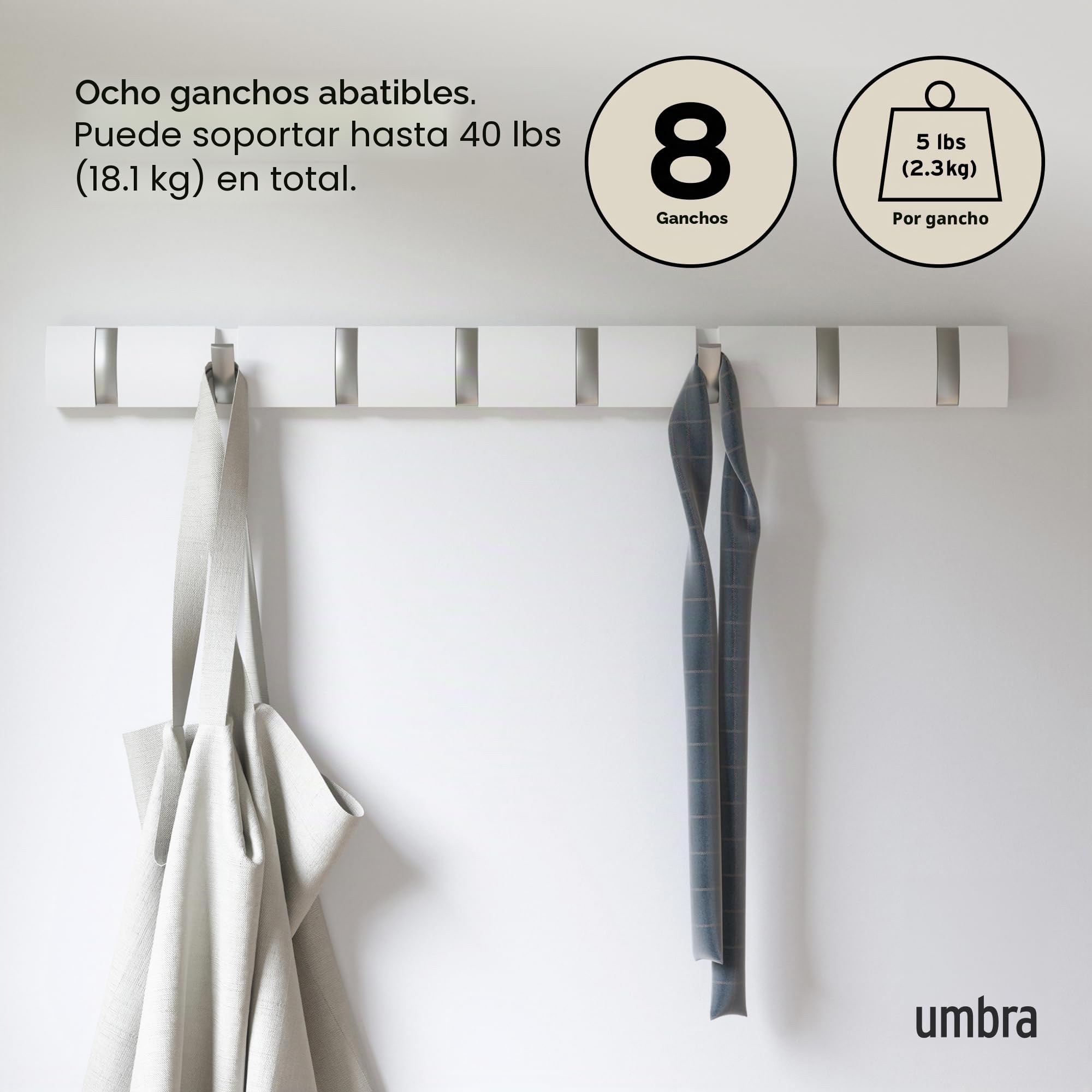 Umbra Flip Perchero de pared con 8 ganchos – Almacenamiento moderno y ahorrador de espacio para sombreros, chaquetas, bolsos, entrada, cuarto de servicio, armario, baño, dormitorio – Blanco/Níquel