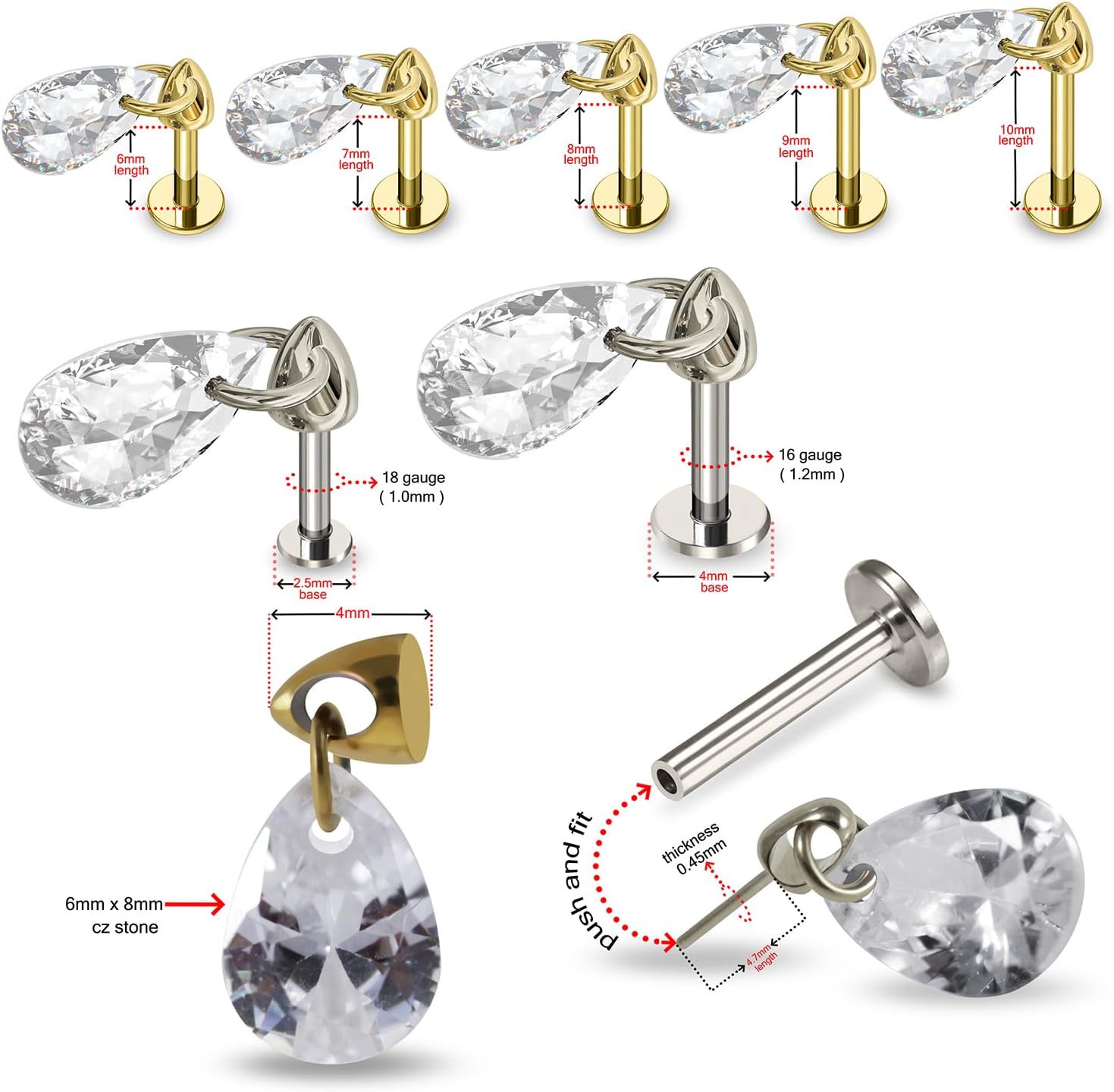 G23 Grade Titanium Teardrop Cz Stone Dangling Design Push Fit Top 18G, 16G - 6mm, 7mm, 8mm, 9mm, 10mm Lip Labret - Tragus Bar Piercing - Labret Stud Helix - Tragus Piercing Jewelry