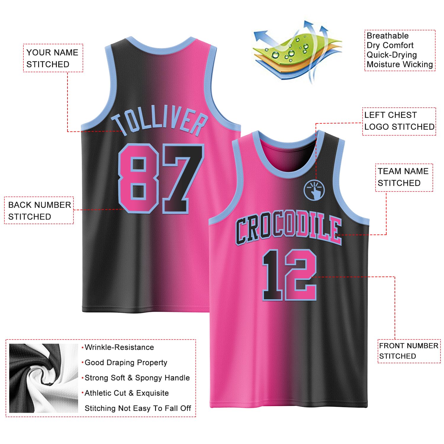 Custom Black Pink-Light Blue Authentic Gradient Fashion Baseball Jersey Printed Stitched Personalized Text Logo Blank Team Practitce Basketball Uniform Tops Sleeveless Hip Hop Sports Fan Shirts, S-4XL