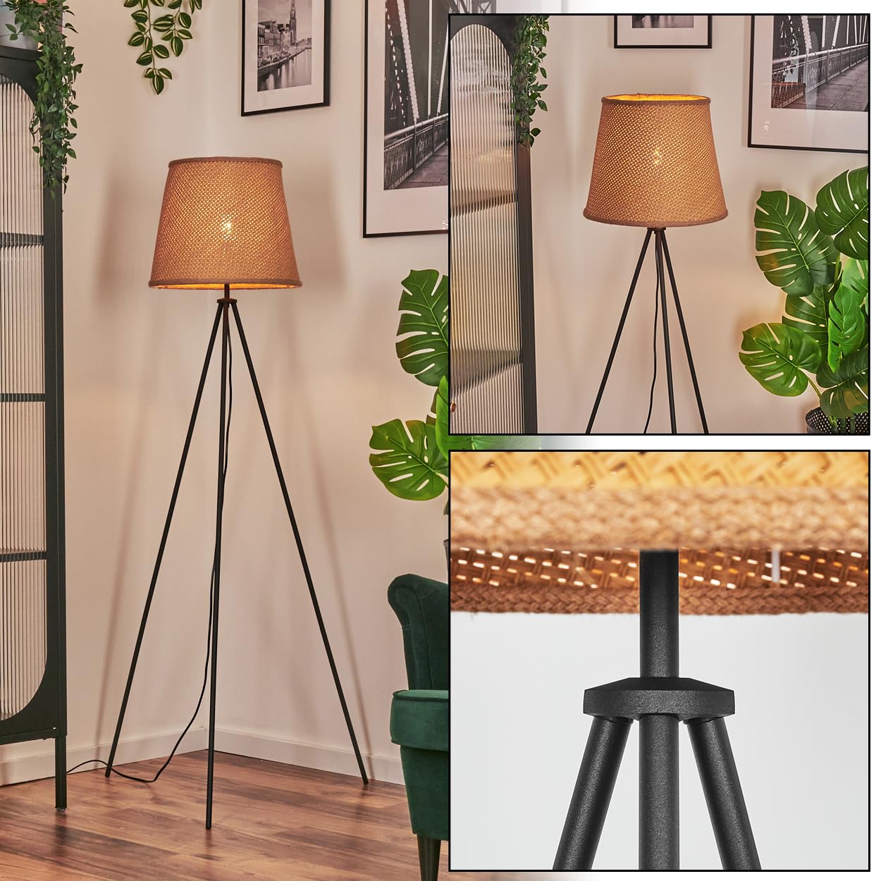 HOFSTEIN Lámpara de pie Palmeiros, lámpara de pie de metal/cuerda/rafia en negro/natural, E27, diseño escandinavo, estilo bohemio, altura 156 cm, diámetro de 37,5 cm, interruptor de pie – salón