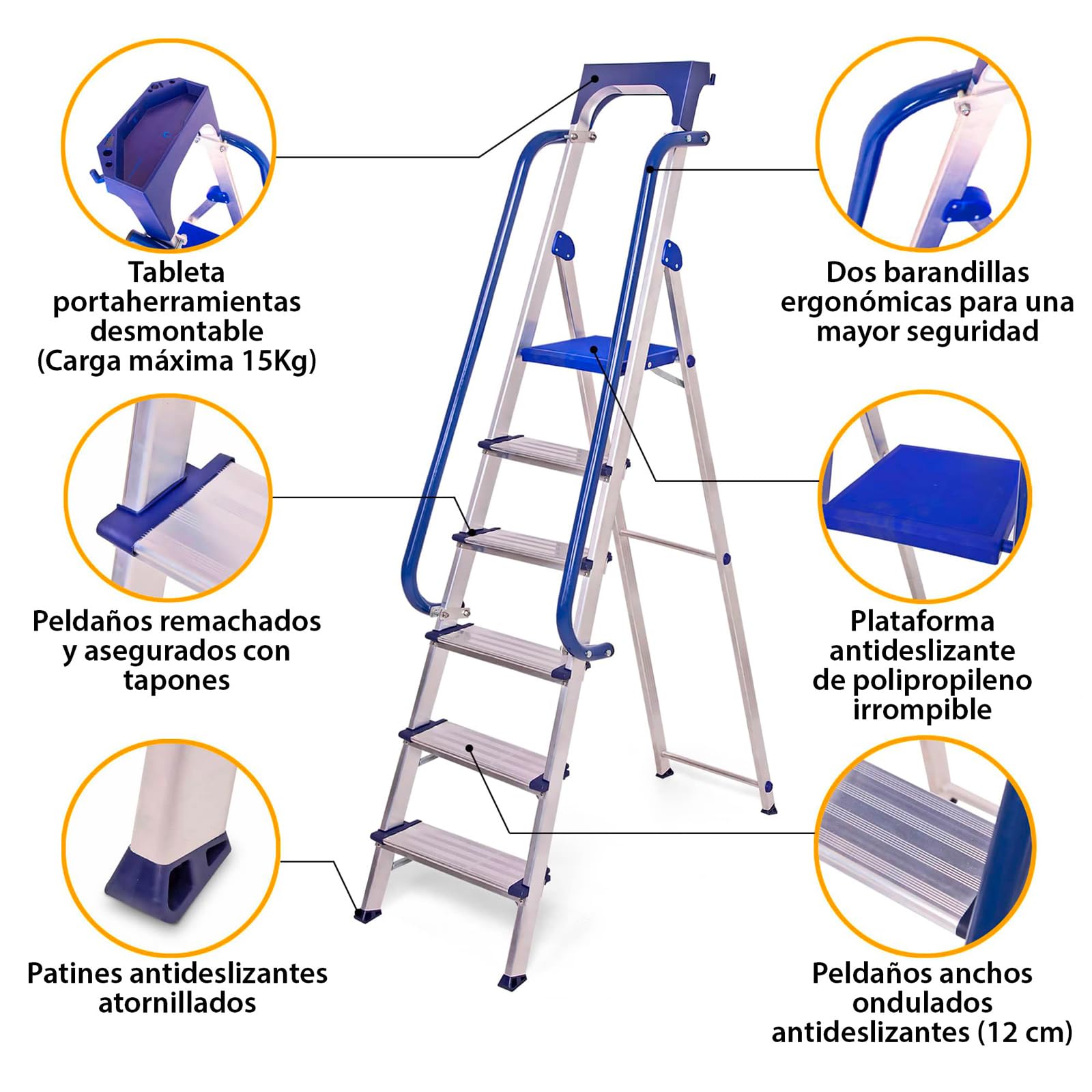 HOSTRÖM Escalera de Tijera de 6 peldaños Secure Pro, Aluminio Reforzado, Segura con barandillas, Bandeja portaherramientas, Altura de Plataforma 135 cm, garantía de 5 años