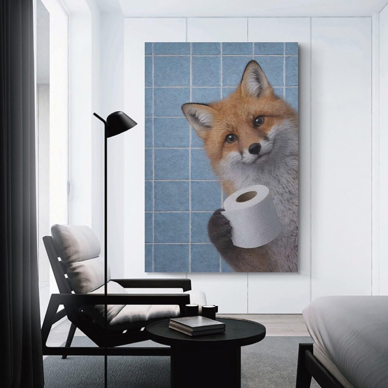 Junmoney Decorative Wall Artwork Fox Holding Toilet Paper, 16x24inch(40x60cm), for Lounge, Bedroom Or Personal Spaces, Thoughtful Wall Decor for Art Lovers
