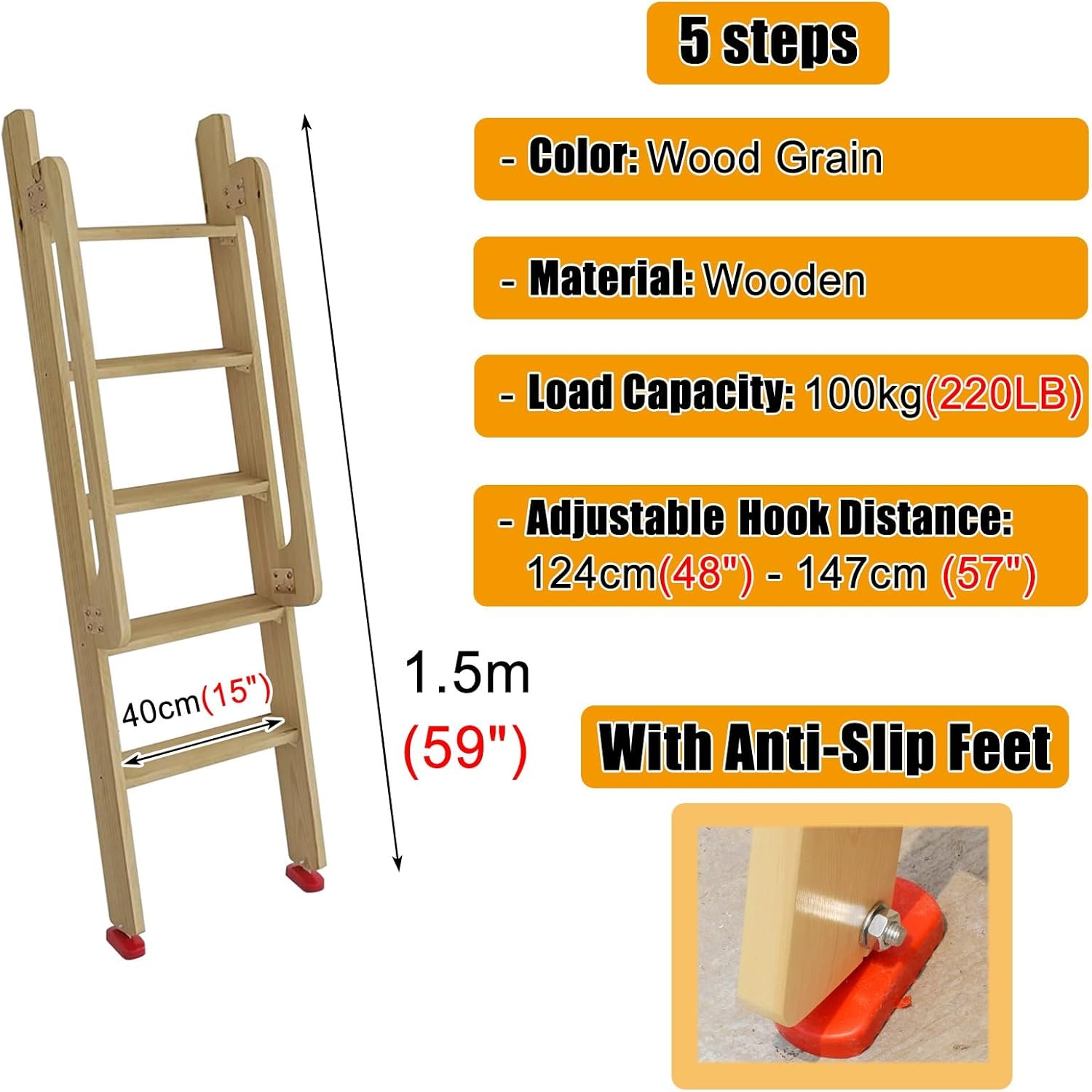 Wooden Climb Step Ladder with Safety il for Library & School Floor Standing Household Bunk Bed Ladder RV Interior Anti Slip Bed Ladder 150cm (59")