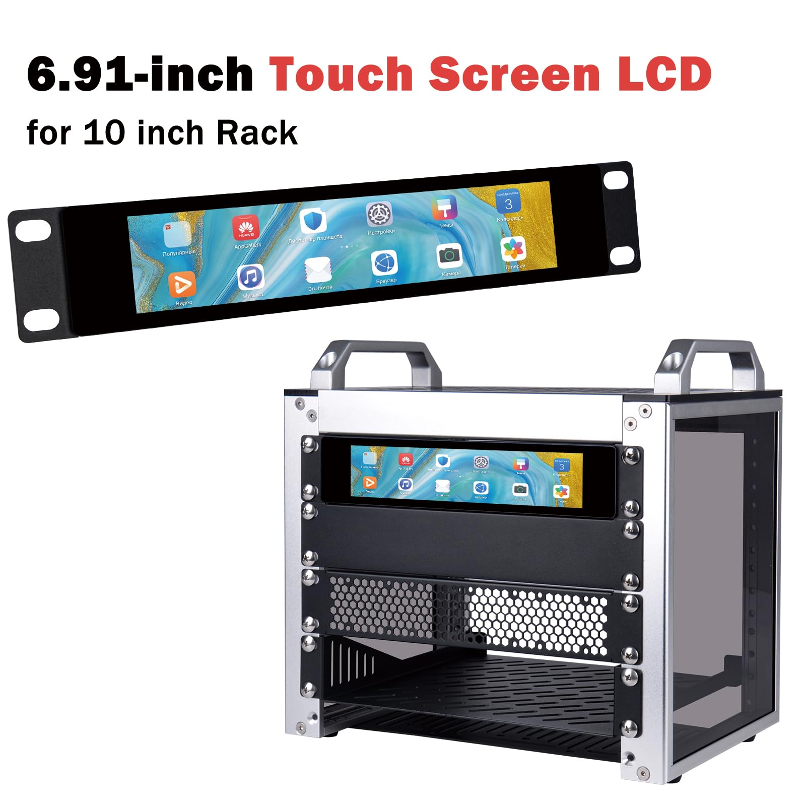 GeeekPi Ekran dotykowy LCD 6,91", 1424 x 280 cm, 1U, do szafek serwerowych DeskPi RackMate T0/T1/T2/T0 Plus/T1 Plus i 10" do stojaków serwerowych