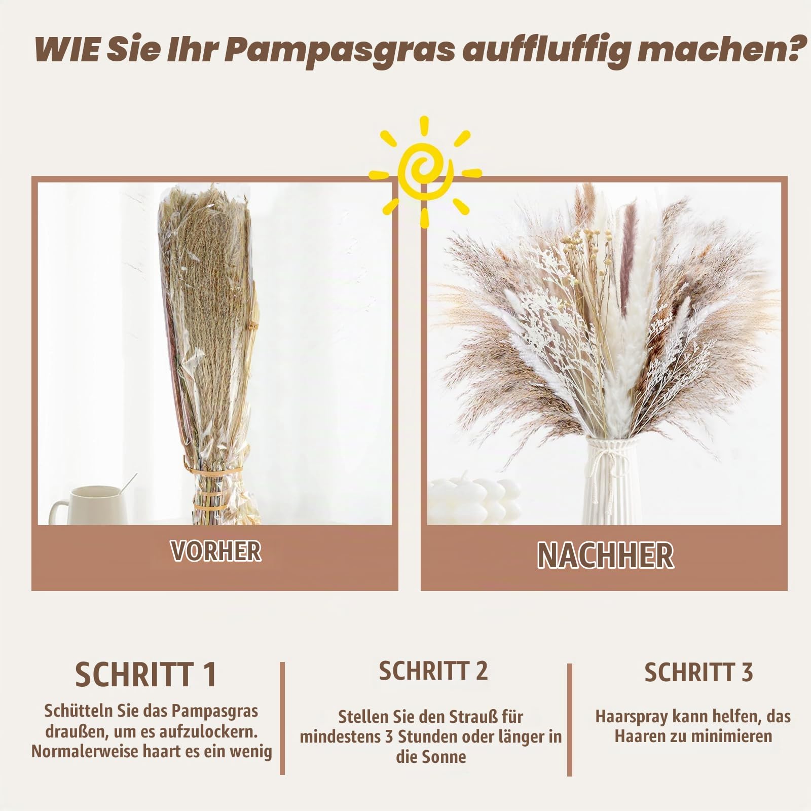 Pampasgras Getrocknet - Natürliche Trockenblumen Deko, Flauschige Getrocknete Blumen Dried Flowers, Trockenblumenstrauß für Hochzeit Tisch Wohnzimmer Vasen Boho Home Dekor