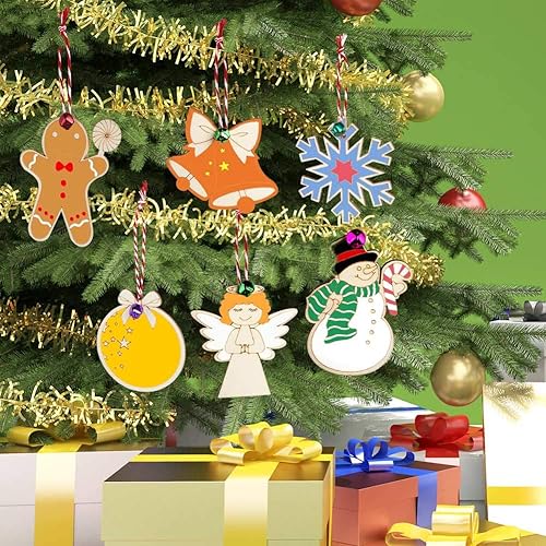 Miniatura 7 de OurWarm 48 adornos de Navidad de madera, 6 estilos de adornos de rebanadas de madera sin terminar, juego de adornos de Navidad con campanas,