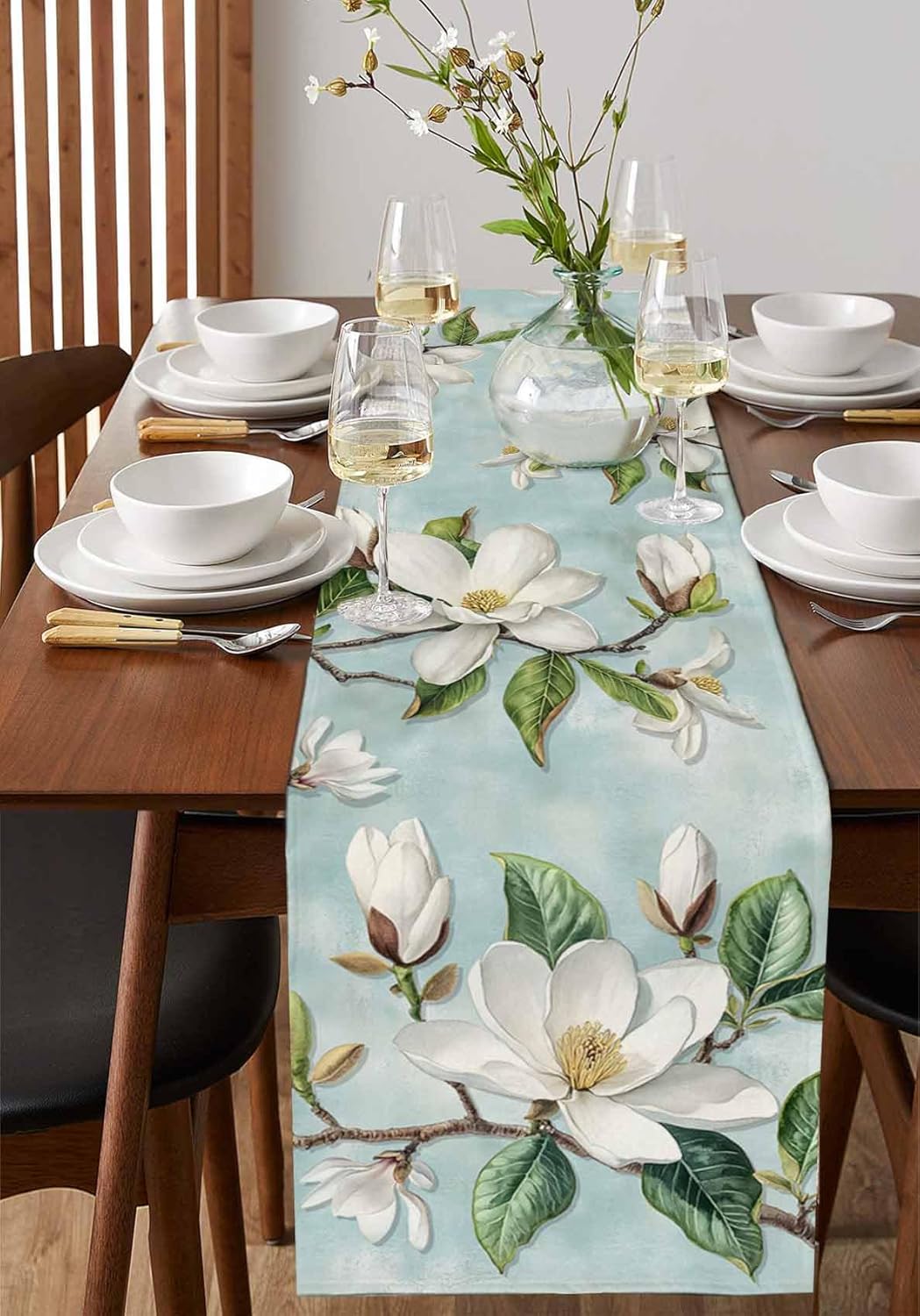 Flowers Table Runner Spring White Magnolia Branch Teal Background Table Runners Dresser Scarves Kitchen Dining Table Decoration for Home Farmhouse Party Holidays 13"x108"