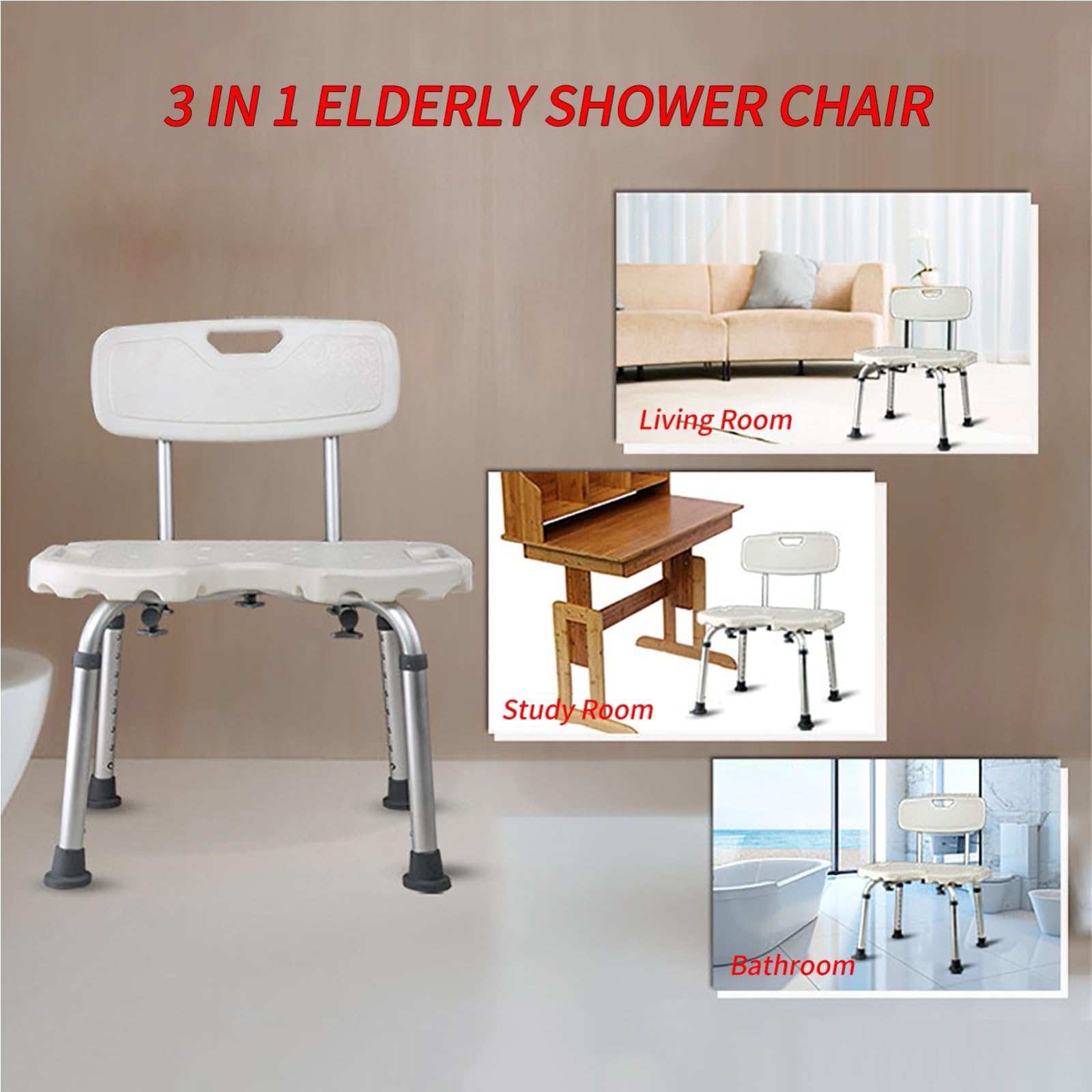 Silla De Ducha para Ancianos, Taburete De Ducha De Aluminio Antideslizante Regulable En Altura con Respaldo Y Reposabrazos, Asiento De Ducha para Ancianos Y Discapacitados, 136 Kg