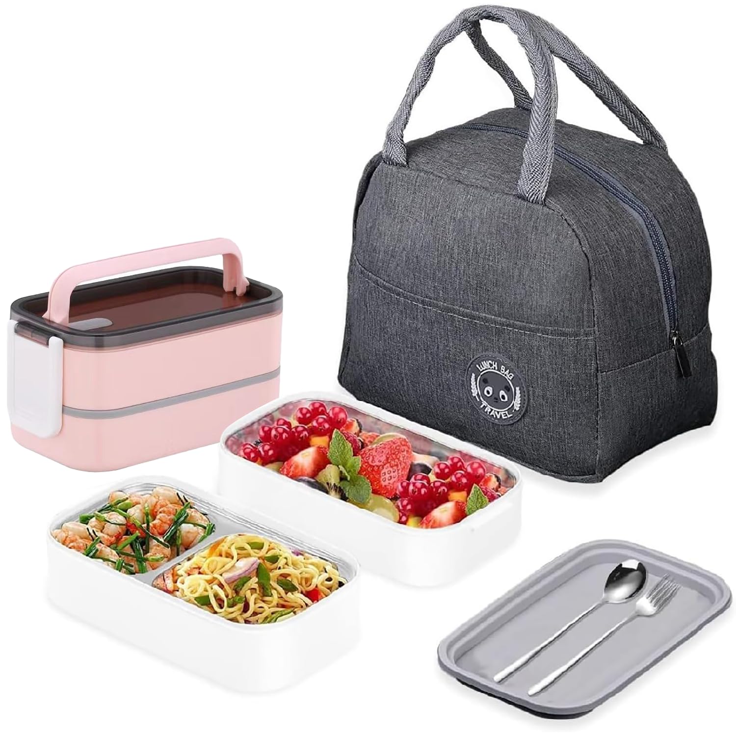 TAPIT Stainless Steel Lunch Box - Insulated Bento Box Multifunctional Containers Food Containers with 2 Compartments,Tableware, Nylon insulation bag (H01-Pink)