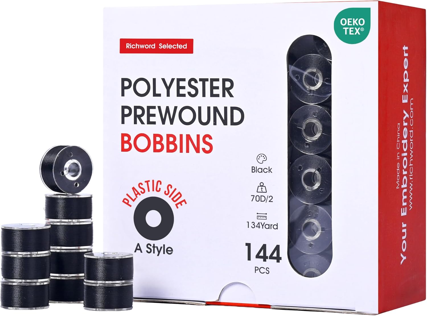 Poolin Prewound Bobbins Richword Selected 144pcs (Class 15) Size A Plastic Sided, 70D/2(60WT) Polyester Bobbin Thread for Single Needle Embroidery and Sewing Machine, Black