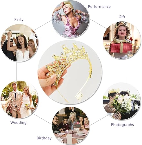 Miniatura 7 de Tiaras doradas con peine para mujer, diadema de cumpleaños, corona de reina para mujer, tiara dorada con diamantes de imitación transparentes para