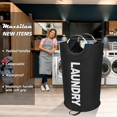 Miniatura 2 de Cesta de lavandería extragrande de 125 L, cesta de ropa alta independiente, bolsa de lavandería plegable, impermeable, con asas de aluminio