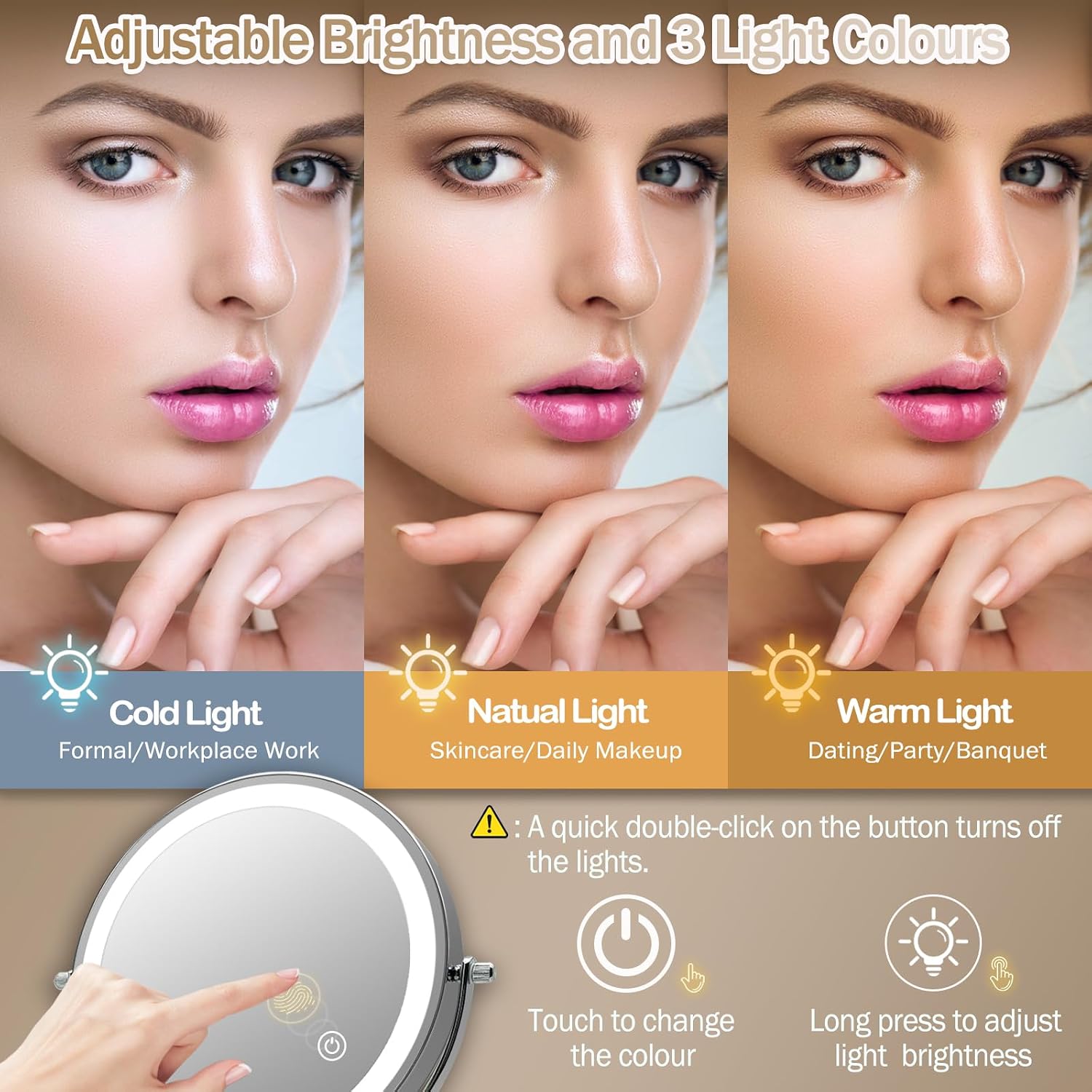 UUCOLOR 20X Makeup Mirror with Lights USB Rechargeable 8 Inch 3 Color Lights Two Sided Magnification LED Vanity Mirror Touch Control 360°Rotation Light up Mirror Chrome Finish
