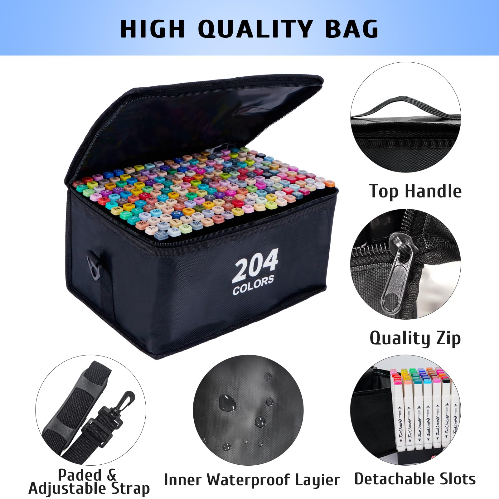 Set di 204 pennarelli Alocohol a doppia punta per artisti da disegno, penne per bambini e adulti, graffiti, anime, illustrazioni, pittura, scarabocchi con borsa