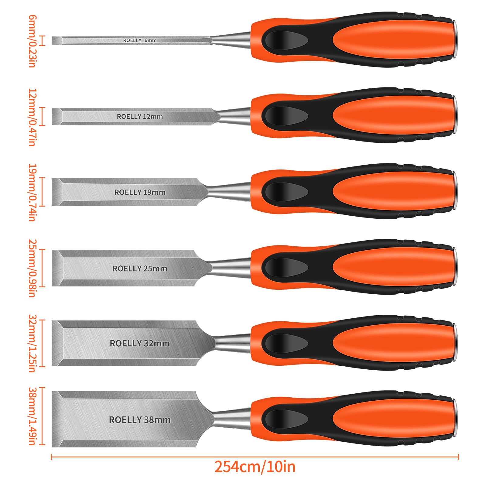 ROELLY Ciseaux a Bois Professionnels 6 Pièces, 6, 12, 19, 25, 32, 38 mm, Gouge a Bois,Outils Menuiserie，Lames Tranchantes Avec Poignées Confortables pour La Sculpture Sur Bois
