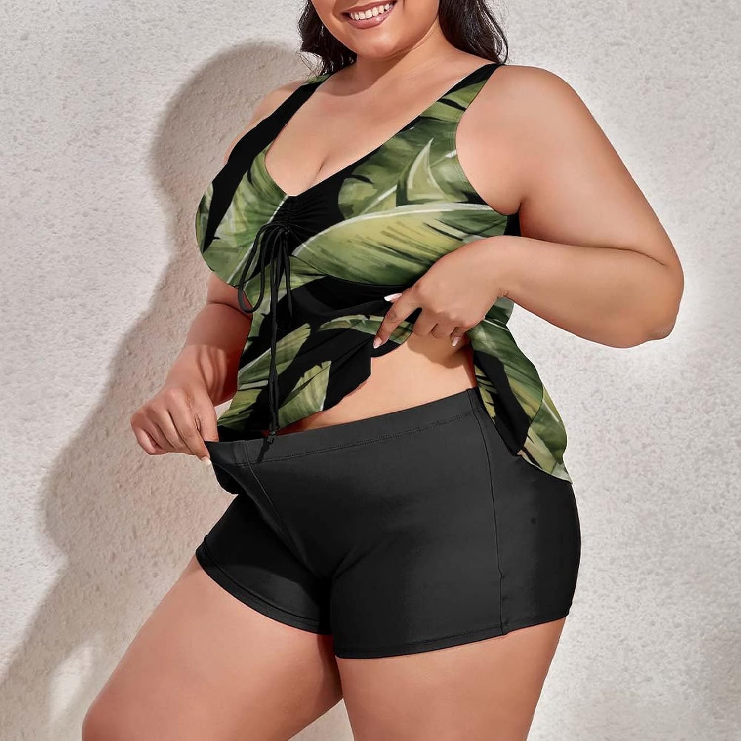 Two Piece Plus Size Tankini Swimsuit for Women Tropical Banana Leaves Bathing Suits with Boyshort Hawaiian Flower Tummy Control Swimwear