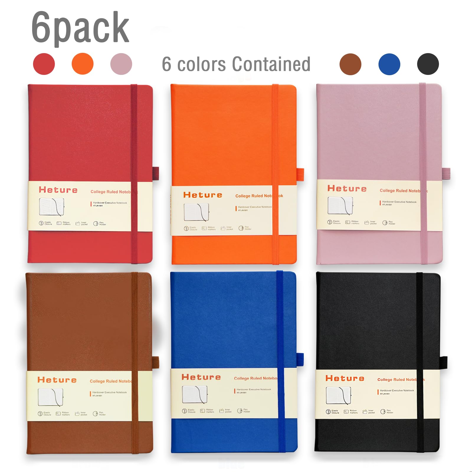 Confezione da 6 quaderni con copertina rigida, formato A5, a righe, per scrivere, lavoro, scuola, carta spessa 100 g/m², 160 pagine, diario a righe universitario con portapenne, tasca interna