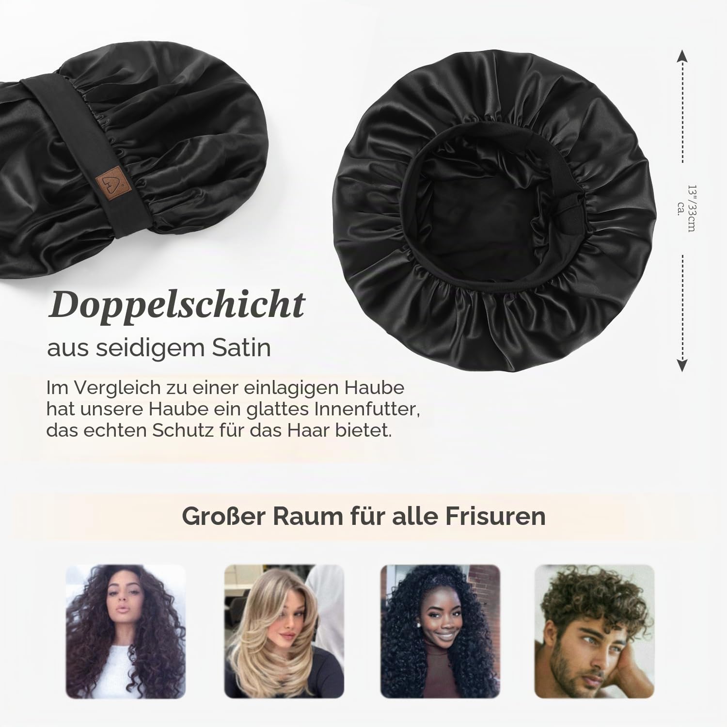 HAT HUT Schlafmütze aus Satin für Damen Herren, Seidenhaube Silk Bonnet Haarhaube, Verstellbares Breites Band, Doppellagig