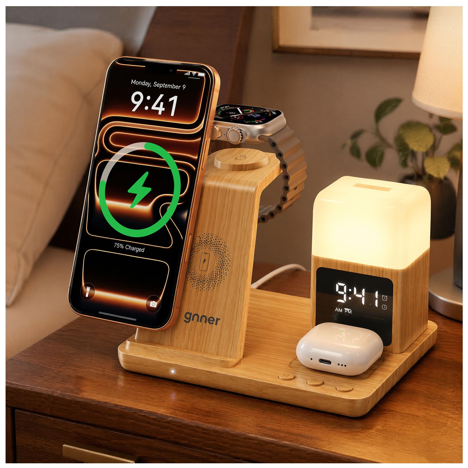 Station de Charge pour Apple, Chargeur sans Fil pour iPhone 17/16/15/14/13/12/11, Chargeur Induction 3 en 1 pour Apple Watch Series & AirPods avec Lampe de Nuit et Réveil Adaptateur Inclus