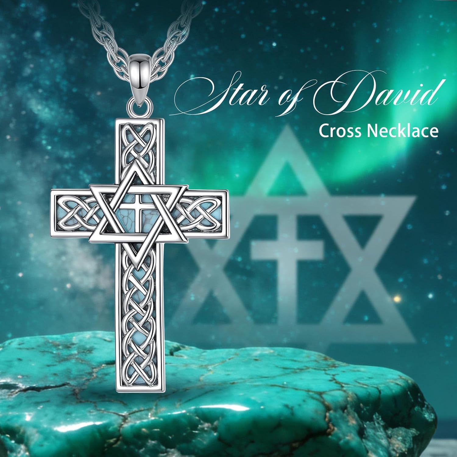 Vito Cross Necklace for Women Men, Copper Rhodium Plated Celtic Cross Star of David Pendant Deer Antler Fishing Original Jewelry Gift, 22"+2" - Image 8