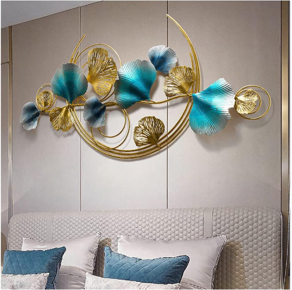 WUKALA Metal Wall Art,Iron Sculpture Ornament Flower Sign Metal Wall Decor,Golden Ginkgo Leaf Wall Decor Piece for Living Room Bedroom Office Wall Hangings