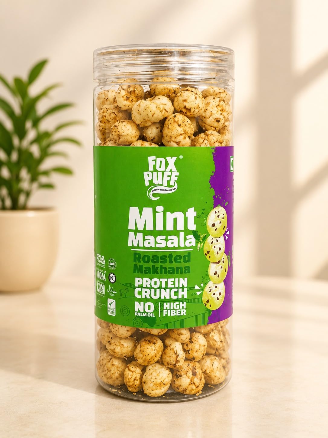 FOX PUFF - Makhana Magic in Every Bite Mint Masala Flavored Roasted Makhana, Crunchy Fox Nuts Snack, PET Jar-image-1
