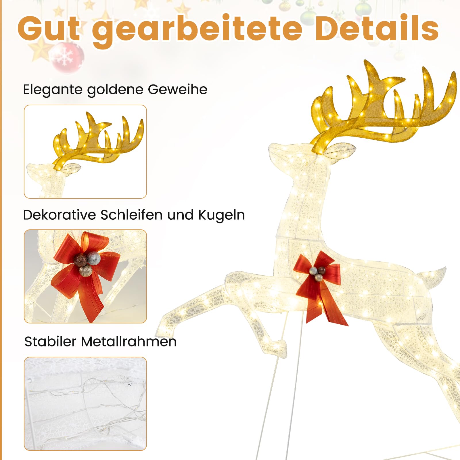 COSTWAY 3 teiliges LED Rentier Familie groß, beleuchtete Weihnachtsdeko XXL, Weihnachtsfigur mit 330 warmweißen Lichtern & Schleifen, Weihnachtsbeleuchtung, Weihnachtsdekoration für Außen & Innen