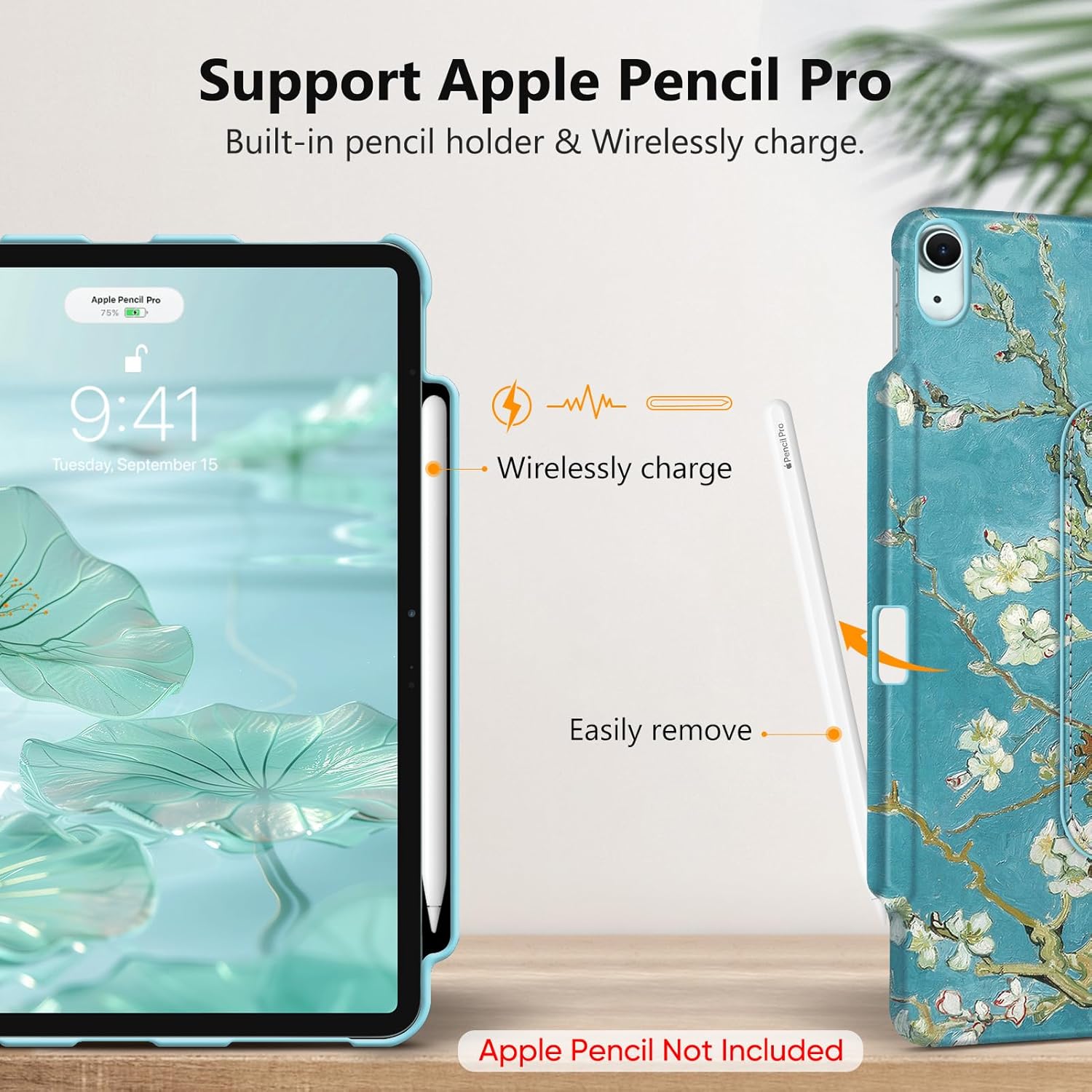 Image illustrating the Apple Pencil Pro holder feature, showing the pencil magnetically attached and wirelessly charging on the side of the iPad within the case.