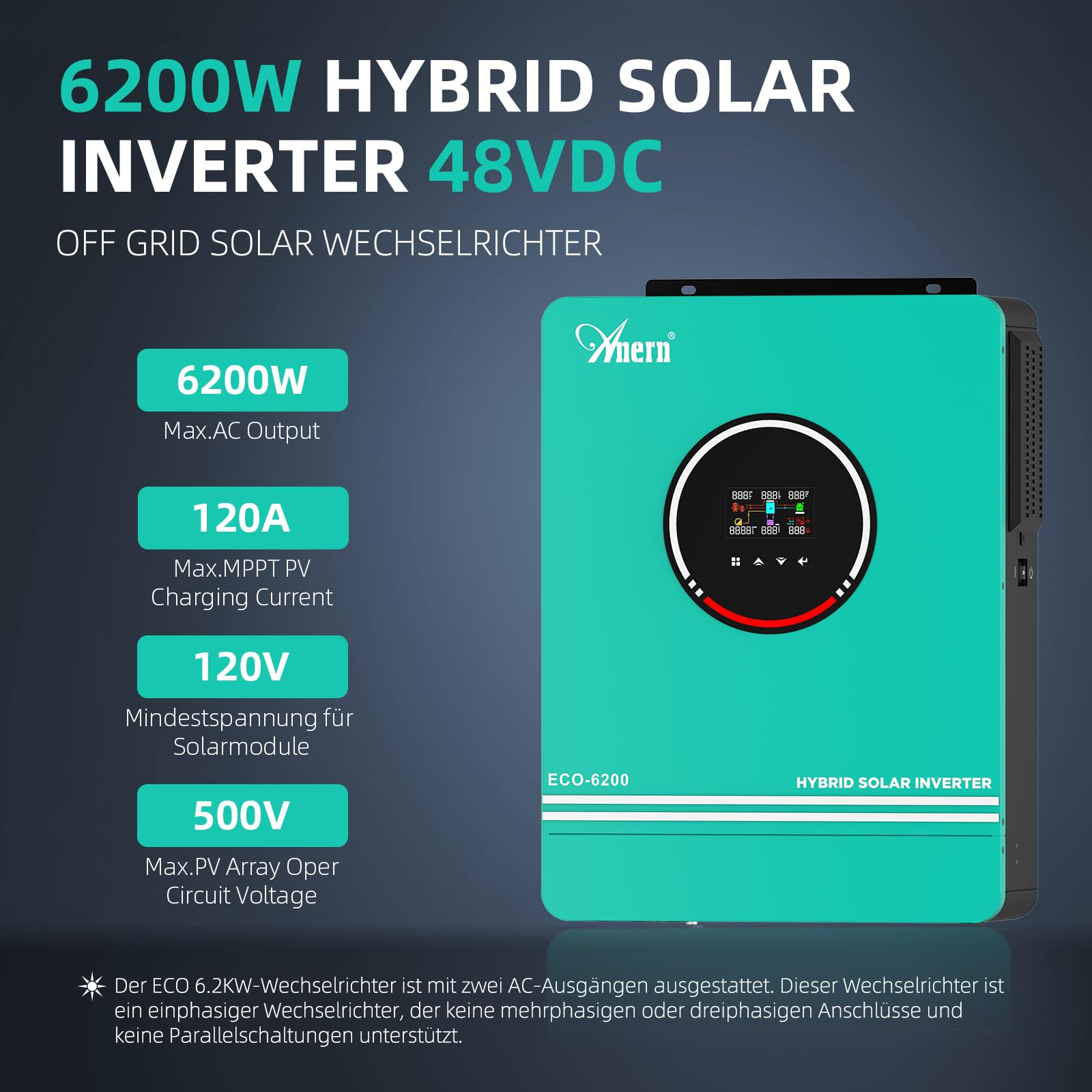 Anern 6200W Hybrid Wechselrichter Solar 48Vdc zu AC 230V mit 2 AC-Ausgang PV 60-500VDC Off Grid Reine Sinus Welle Solar Wechselrichter 120A MPPT Für Bleisäure- und Lithium-Batterien mit WiFi-Modul