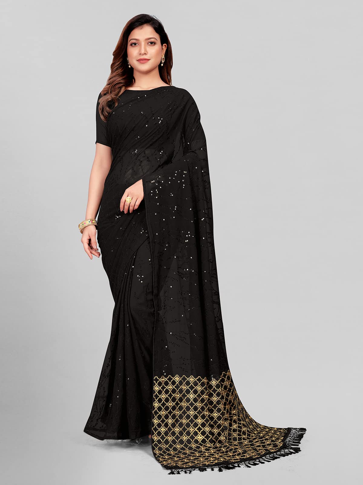 Pratham Blue Women's Sequins Georgette Fancy Saree With Blouse Piece (Pb-290_Black)