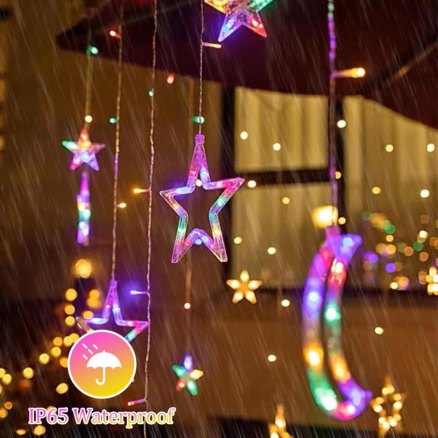 Lemical Star Moon Curtain Lights 11.5ft Battery Powered Remote Control LED Fairy Light Strings,8 Flashing Modes Waterproof Decorative Lights for Christmas, Party, Bedroom Decorations(Multicolored)