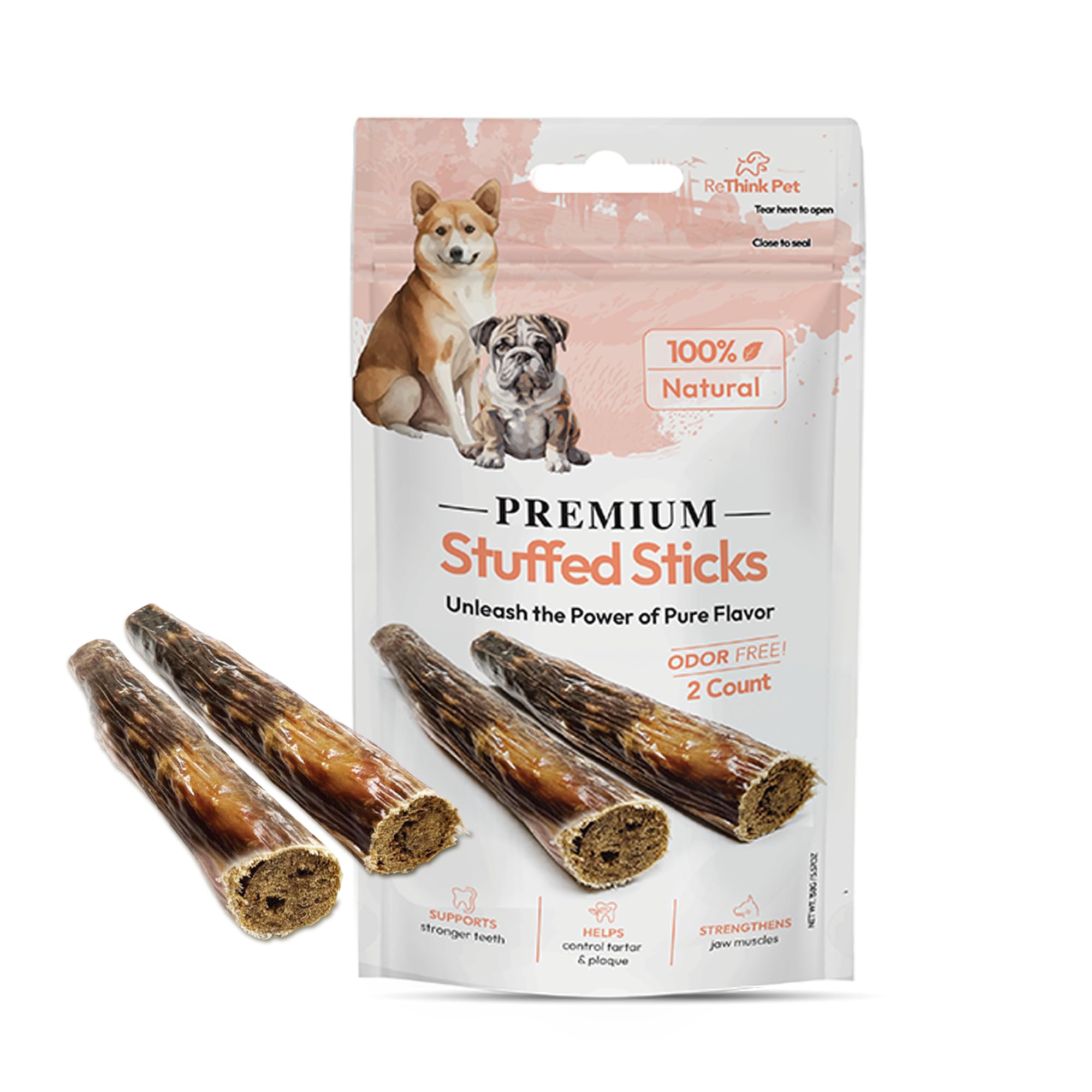 ReThink Pet Pack of 2 Premium Sticks, Beef Stuffed, Odor-Free, All Natural, Healthy, Great Tasting Reward as Dog Treats, Long Lasting, High Protein