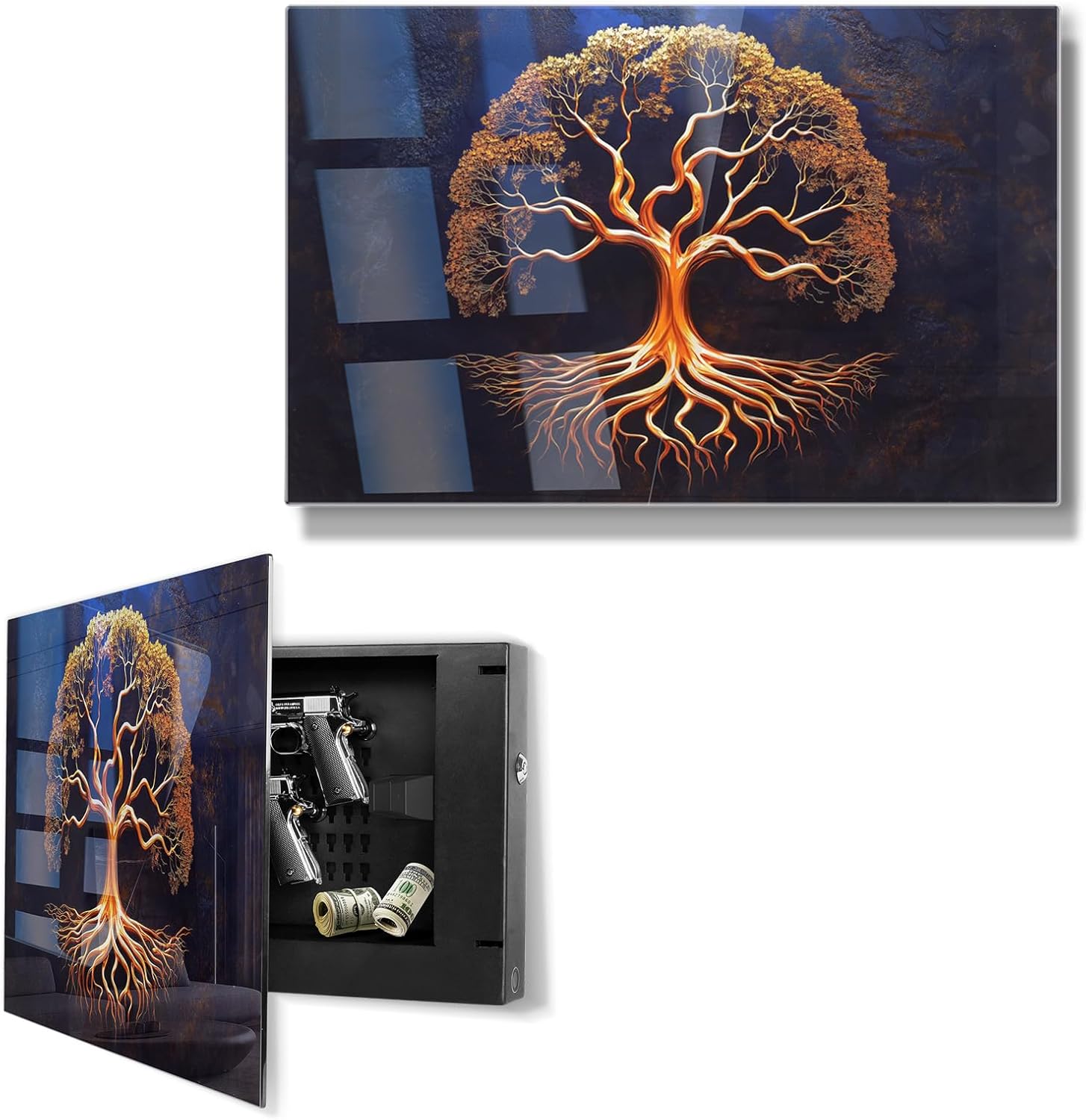 biometric gun safe for handgun, pistol safe with fingerprint & key access, tree of life tempered glass hidden gun storage with decor function for wall-mounted