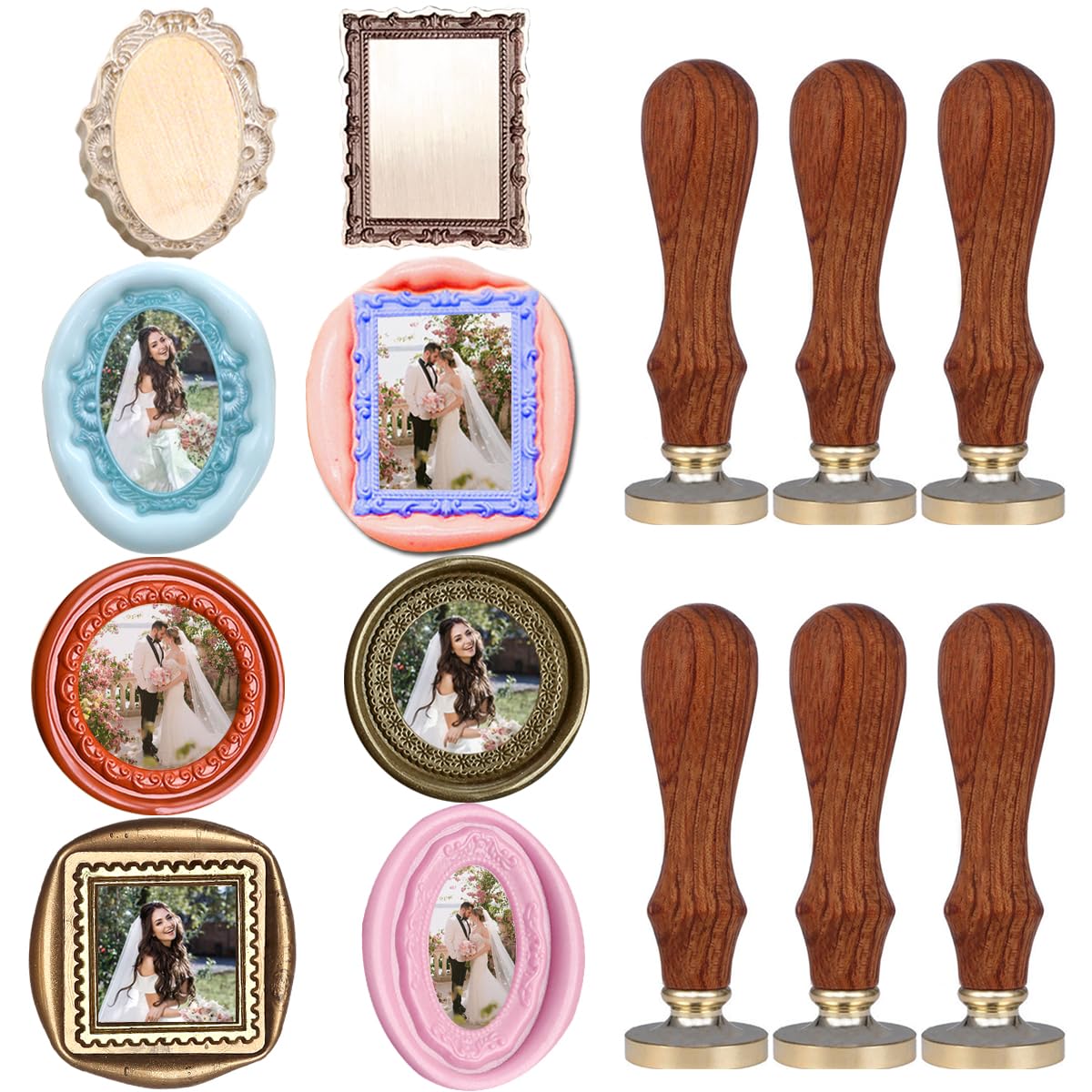 6 sellos de cera con marco en relieve 3D, cabezales de latón extraíbles con 6 asas de madera, sello de cera de sellado de marco de fotos en relieve 3D para invitaciones de boda, álbumes de