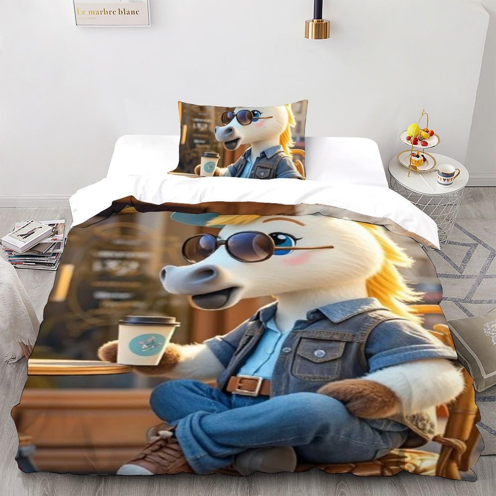 Housse de couette single poney lit enfant 135x200cm avec sa taie