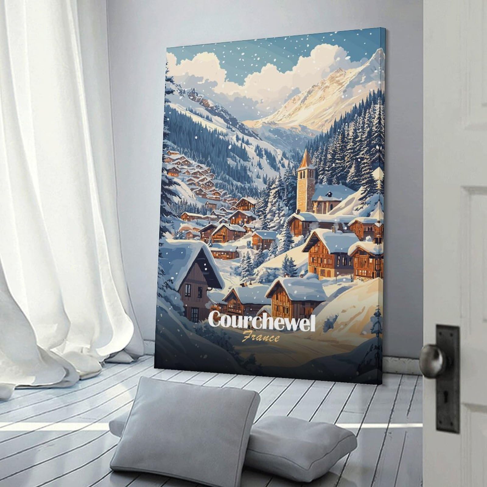 Junmoney Wall Picture Print Snowy Village in Courchevel, France, 20x30inch(50x75cm), for Entryway, Lounge Links Or Small Walls, Home Artwork for First Impressions