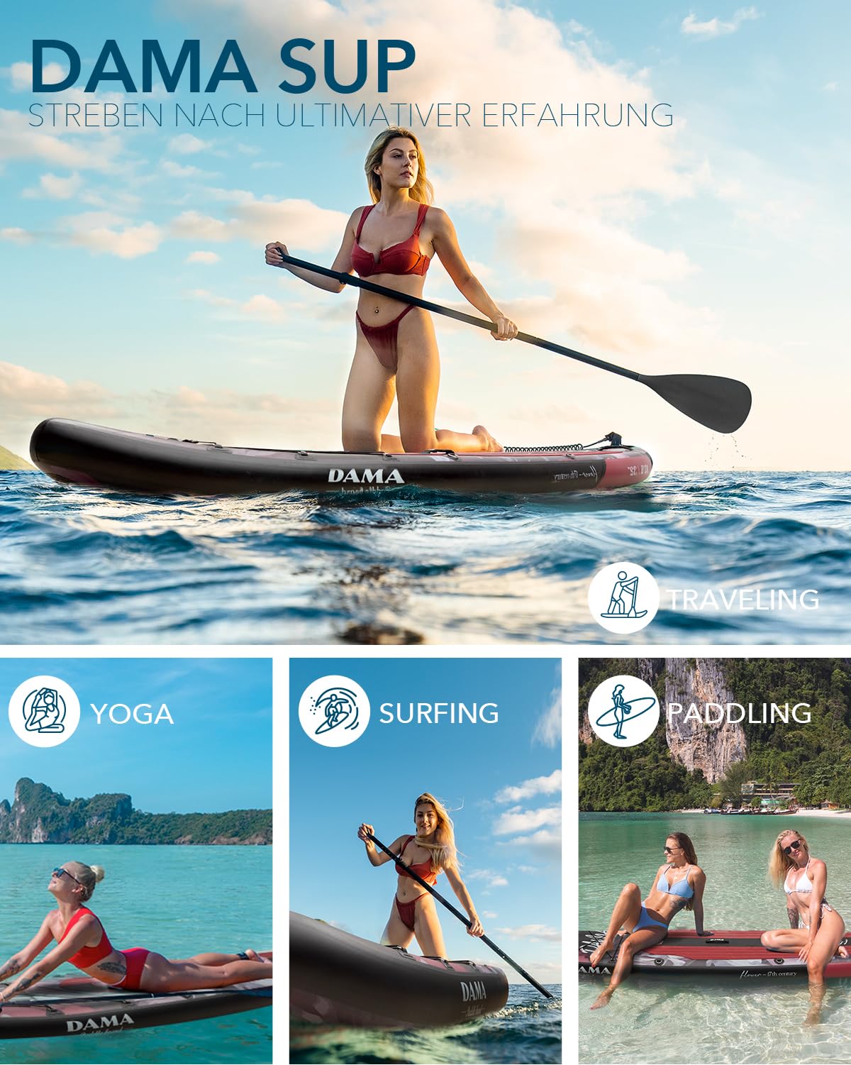 DAMA Dark Flower Tabla de Paddle Surf Hinchable, Sup Paddle Board Inflable 320 x 81 x 15 cm, Antideslizante, hasta 145 kg, Remo Doble, Bomba, Mochila, Correa de Seguridad, Bolsa Estanca y Funda Móvil
