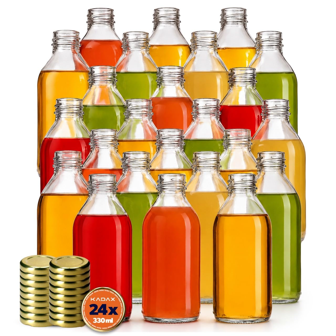 KADAX Botellas de cristal vacías de 0,33 l con tapón de rosca, juego de 8/16/24 unidades, botellas pequeñas para llenar leche, zumo y batidos (24 unidades)