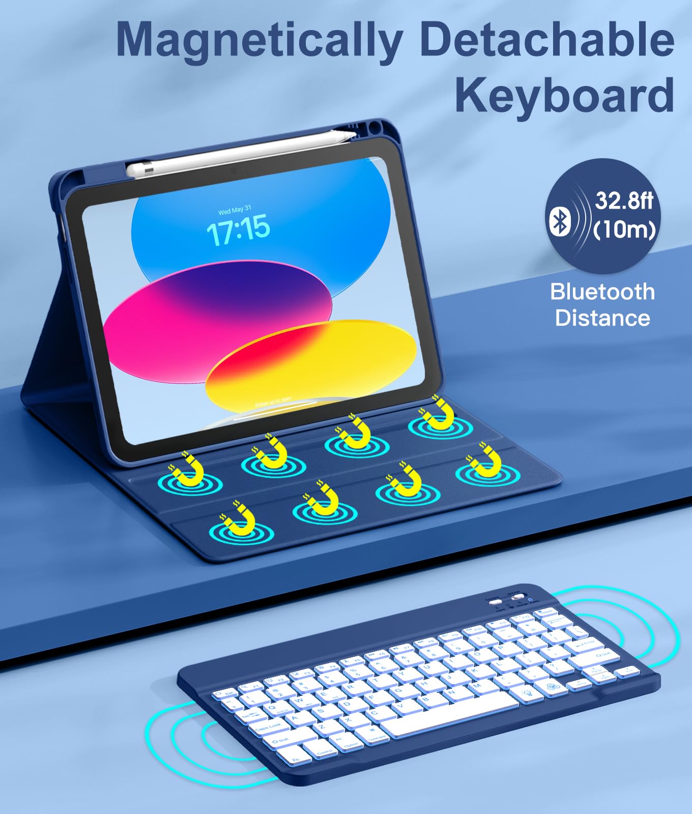Hamile Custodia per iPad di 11a e 10a generazione con tastiera, 7 colori, retroilluminata, wireless, rimovibile, con portamatite, per iPad A16 11" 2025 10a generazione 10,9" 2022 (blu navy)